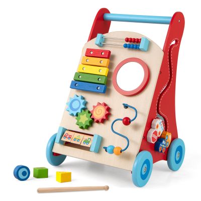 BABY JOY Wooden Baby Walker, Sit to Stand Baby Push Walker with Wheels & Storage Space, Push and Pull Learning Activity Center, Montessori Educational Toy Gift for Boys & Girls