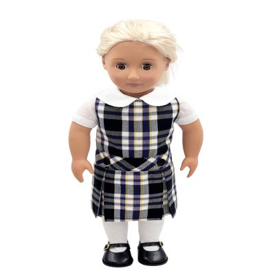 18 inch Doll Outfit-School Plaid Jumper Include Blouse and Hair Accessory/Add on Option: Sock and Shoe (Doll is not Included) (Dropped Waist Jumper,Sock,Matte Black Shoe, Plaid 2M)