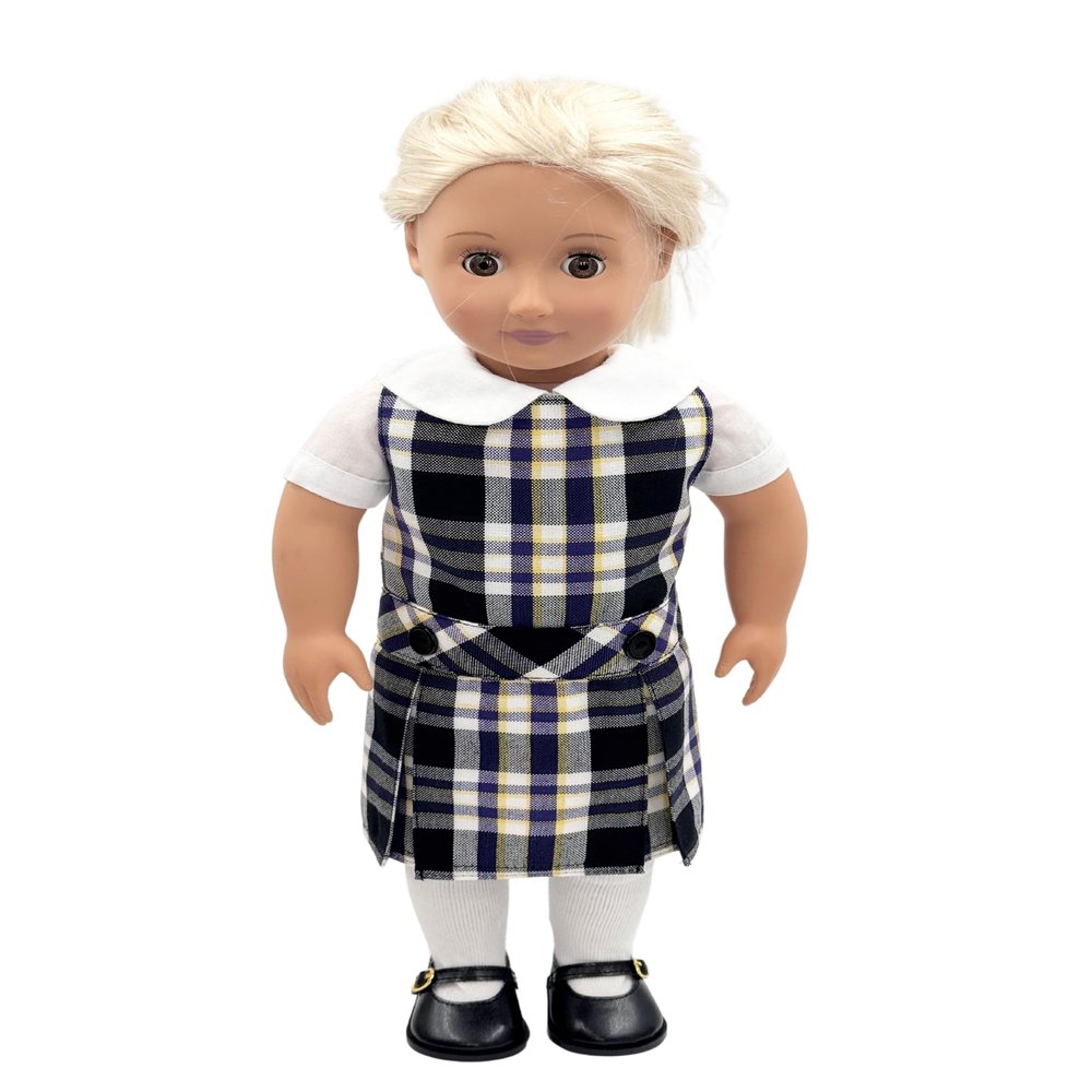 18 inch Doll Outfit-School Plaid Jumper Include Blouse and Hair Accessory/Add on Option: Sock and Shoe (Doll is not Included) (Dropped Waist Jumper,Sock,Matte Black Shoe, Plaid 2M)