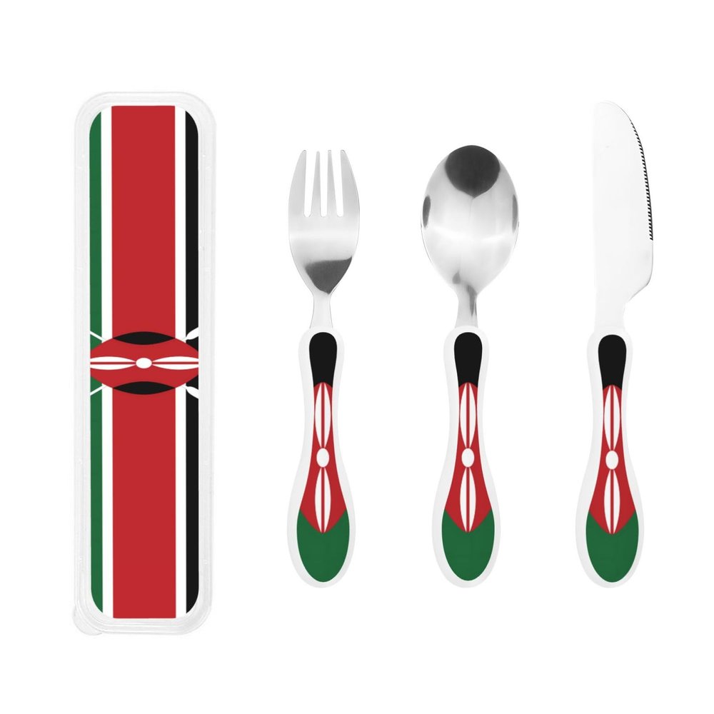 Flag of Kenya Children's three-piece knife, fork and spoon set, made of plastic PP and 430 stainless steel, portable