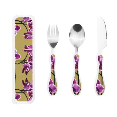 Beautiful Orchids Children's three-piece knife, fork and spoon set, made of plastic PP and 430 stainless steel, portable