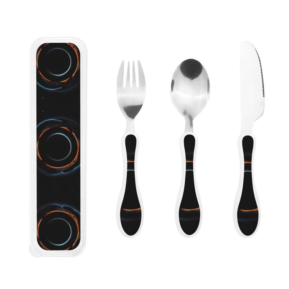 Mysterious Cosmic Black Holes Children's three-piece knife, fork and spoon set, made of plastic PP and 430 stainless steel, portable
