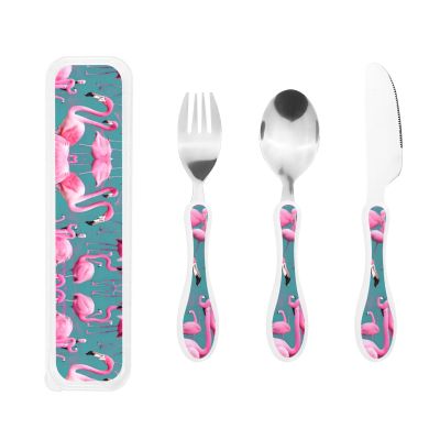 A flock of flamingos Children's three-piece knife, fork and spoon set, made of plastic PP and 430 stainless steel, portable