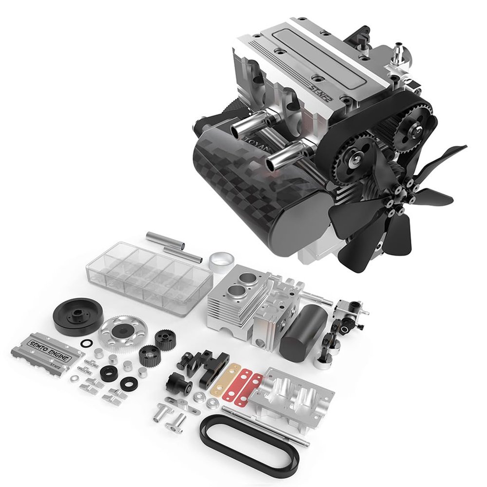 YILQ SEMTO Metal Engine Model Kit That Works, ST-NF2 7.0cc Mini Inline Double-Cylinder Four-Stroke Air-Cooled Engine Model Kit, Engine for Kids Adults (Silver)
