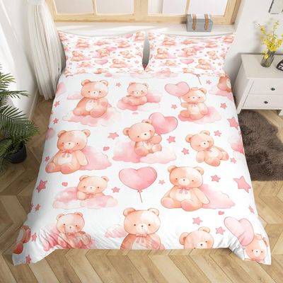 Castle Fairy Cute Bear Bedding Sets Toddler Size,Pink Stars Cloud Heart Shape Reversible Duvet Cover 2Pcs for Kids Bedroom,Watercolor Kawaii Animal White Quilt Cover,1 Pillowcase (No Comforter)