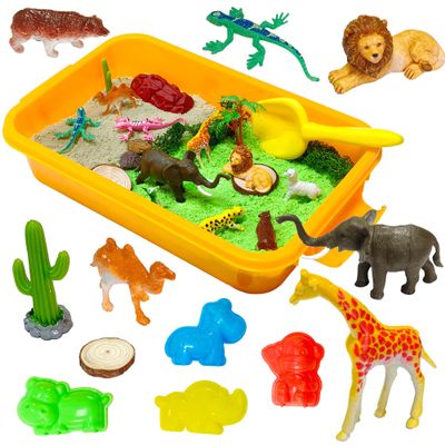 Carolart Jungle Sensory bin,Safari Animal Figures Playset Toys,Wild Forest Sandbox,Desert Animals Play Sand Set with Sensory Sand,Zoo Animal Figurines,Jungle Adventure Play Kit for Kids 3 4 5 6 7