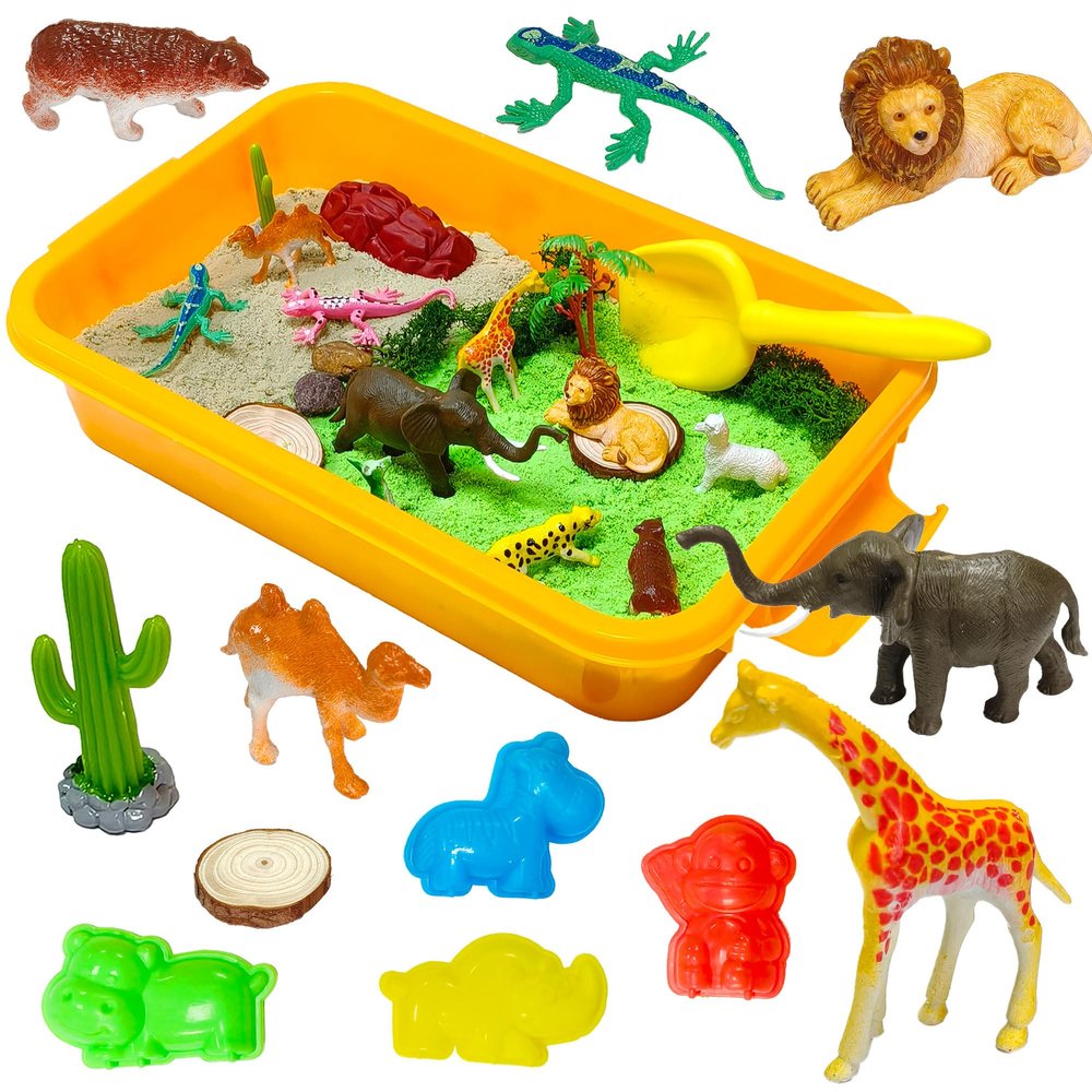 Carolart Jungle Sensory bin,Safari Animal Figures Playset Toys,Wild Forest Sandbox,Desert Animals Play Sand Set with Sensory Sand,Zoo Animal Figurines,Jungle Adventure Play Kit for Kids 3 4 5 6 7