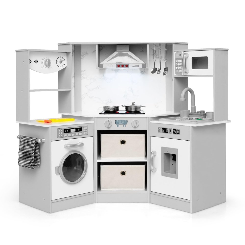 INFANS Corner Kids Kitchen Playset, Toddler Wooden Pretend Cooking Set with Real Running Water Circulation Realistic Light Sound Stove Storage Cabinet Removable Sink Simulation Play Kitchen Toy