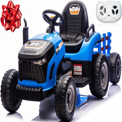 24V 7Ah Ride On Tractor w/Tiltable & Detachable Trailer, Anrli Kids Electric Vehicles Tractor w/400W Motors, Adjustable Seat, Remote Control, Bluetooth, Music, Power Tractor Wheels for Boys, Blue