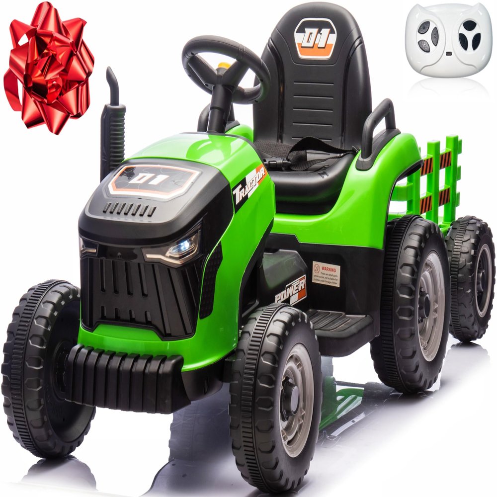 24V 7Ah Ride On Tractor w/Tiltable & Detachable Trailer, Anrli Kids Electric Vehicles Tractor w/400W Motors, Adjustable Seat, Remote Control, Bluetooth, Music, Power Tractor Wheels for Boys, Green
