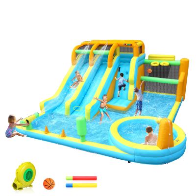 (2026 New) JOYMOR 11-in-1 Inflatable Water Slide for Kids Backyard w/ 2 Waterslide, 2 Basketball Hoop, Pool, Climbing Wall, Water Blasters, 1min Blow Up Water Slides Park w/ 750w Blower, Storage Bag