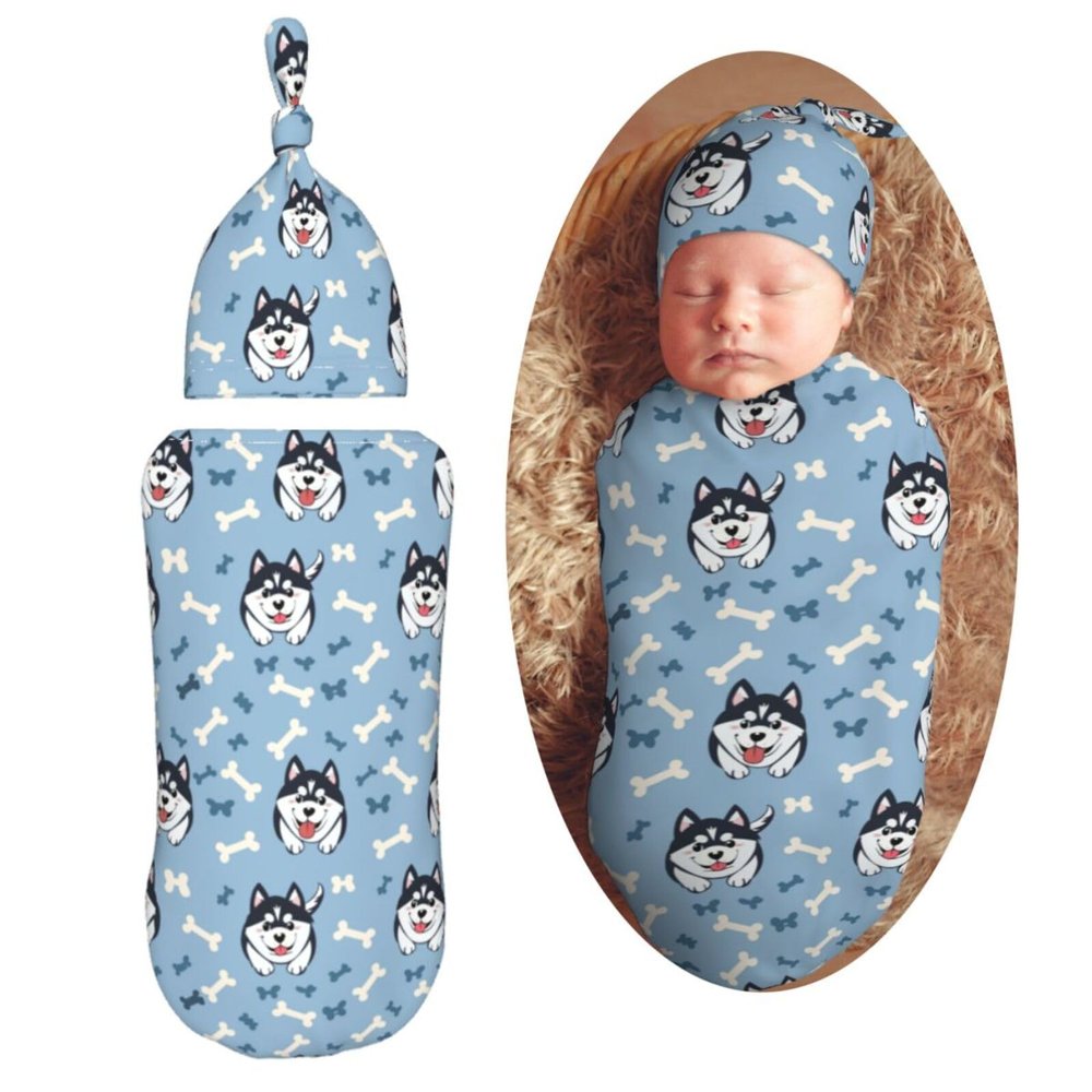 Muishi Funny Husky with Bone Newborn Swaddle Blankets Hat Sets Soft Baby Receiving Blanket Swaddle Sack for Baby Shower Infant Boy Girl Gift