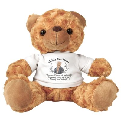 A Hug From Heaven - Memorial Teddy Bear With Personalized Photo Shirt, Personalized Teddy Bear Memorial Gifts, Memorial Custom Teddy Bear, Custom Photo Sympathy Gift For Loss of Mom Dad Family Members
