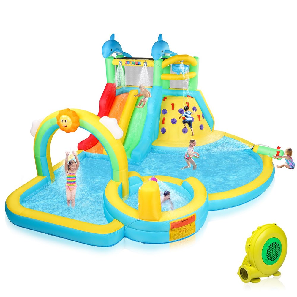 (2025 New) JOYMOR Inflatable Water Slide Bounce House w/Water Bucket, Climbing Wall, Pool, Rainbow Sprinklers, 1min Blow Up Water Slide 10-in-1 for Kids w/Strong Blower, Carrying Bag