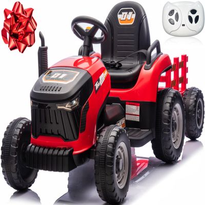 24V 7Ah Ride On Tractor w/Tiltable & Detachable Trailer, Anrli Kids Electric Vehicles Tractor w/400W Motors, Adjustable Seat, Remote Control, Bluetooth, Music, Power Tractor Wheels for Boys, Red