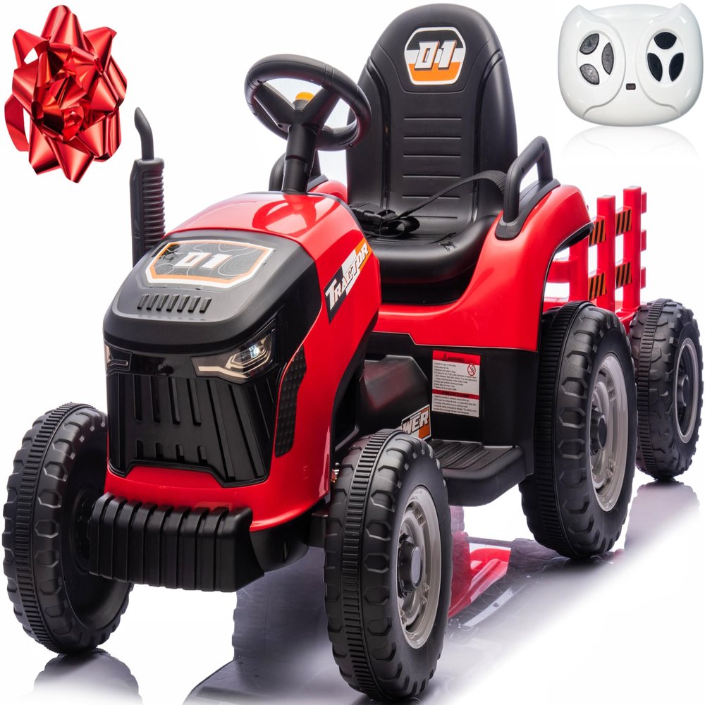 24V 7Ah Ride On Tractor w/Tiltable & Detachable Trailer, Anrli Kids Electric Vehicles Tractor w/400W Motors, Adjustable Seat, Remote Control, Bluetooth, Music, Power Tractor Wheels for Boys, Red
