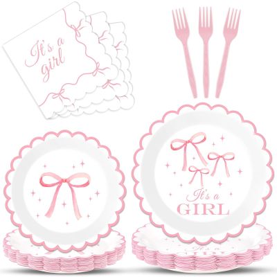 100PCS Pink Bow Baby Shower Plates and Napkins Bows Tableware Set Its A Girl Party Decoration Girls Baby Shower Parties Disposable Dessert Plate for Bowknot Themed Dinnerware Supplies Serve 25