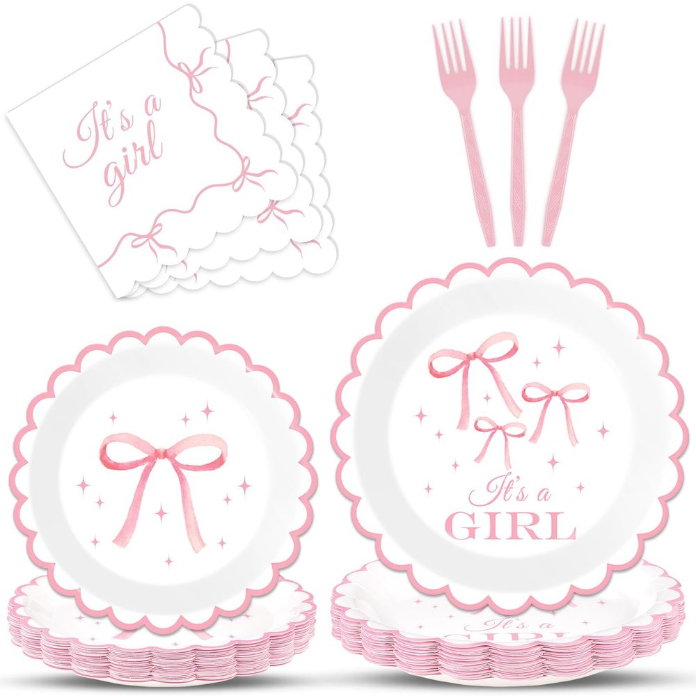 100PCS Pink Bow Baby Shower Plates and Napkins Bows Tableware Set Its A Girl Party Decoration Girls Baby Shower Parties Disposable Dessert Plate for Bowknot Themed Dinnerware Supplies Serve 25