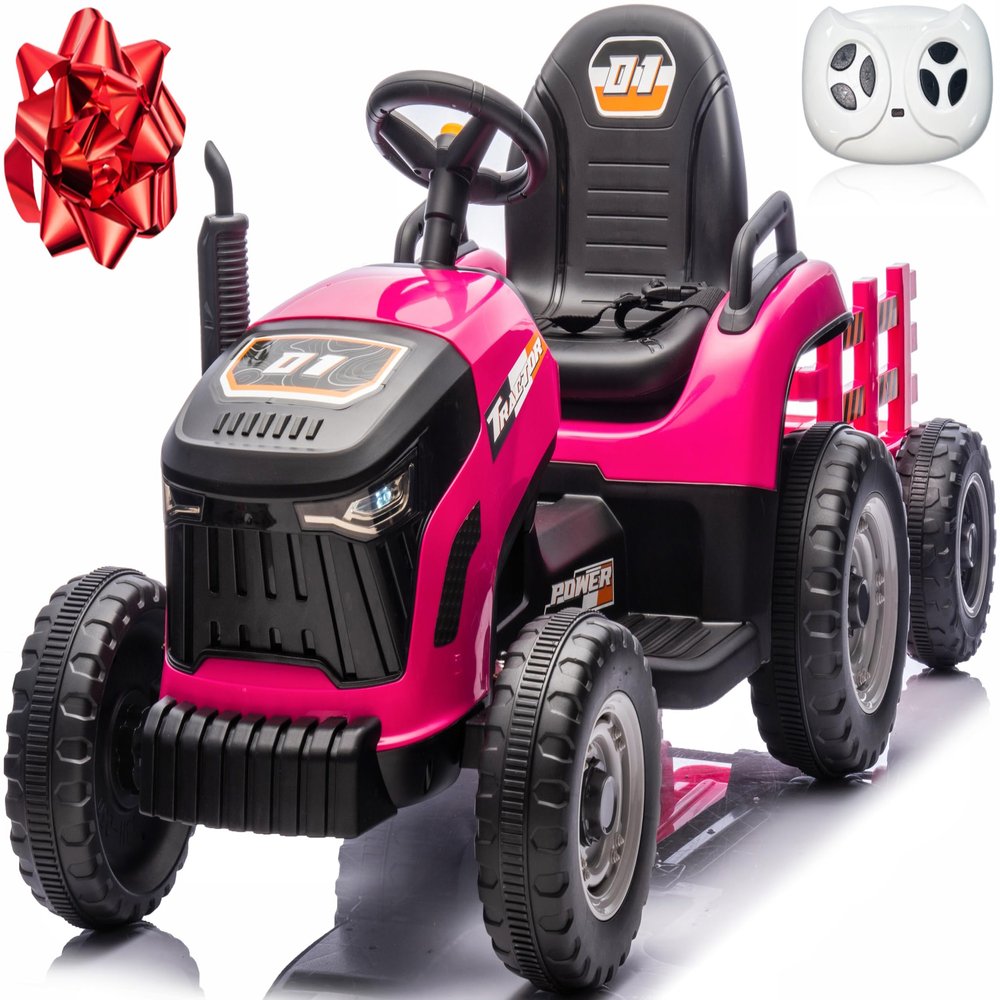 24V 7Ah Ride On Tractor w/Tiltable & Detachable Trailer, Anrli Kids Electric Vehicles Tractor w/400W Motors, Adjustable Seat, Remote Control, Bluetooth, Music, Power Tractor Wheels for Boys, Rose Red