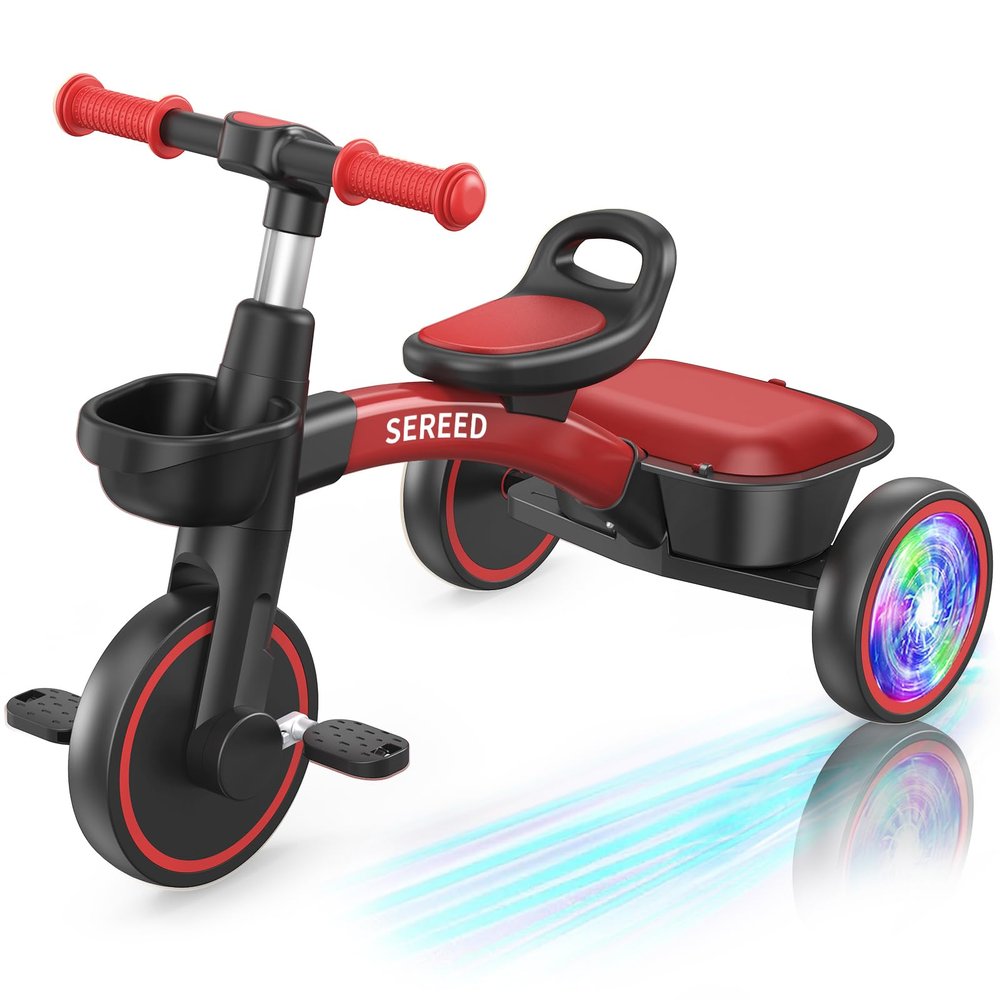 SEREED Colorful Lighting Toddler Tricycle for 2-5 Years Old Boys Girls, Adjustable Seat&Handlebar Trike, Removable Basket, Birthday Gift Idea for Kids Ages 2+ (Red Black)