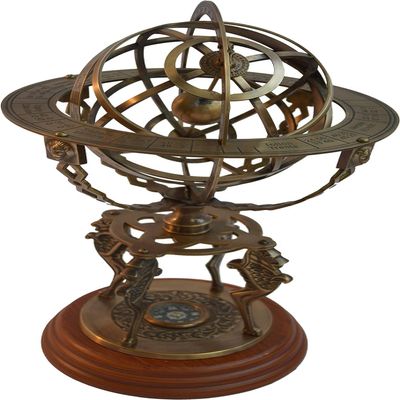 Aarfa creations Handmade Brass Armillary Sphere Globe Clock Spherical Astrolabe Vintage Compass Handmade Nautical Decor for Office Desk & Home Decoration