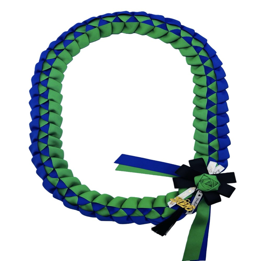 Grosgrain Ribbon Lei with Multiple School Color Options -Graduation Leis, 48" Graduation Leis, 2026 Graduation Grosgrain Ribbon Leis - Special School Colors (B6-Cobalt Blue & Emerald Green)