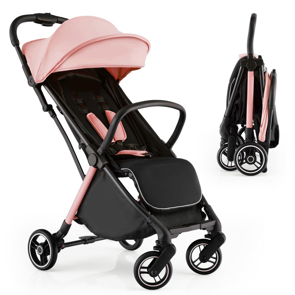 HONEY JOY Lightweight Baby Stroller, Compact Travel Stroller for Airplane, Fits Airplane Cabin & Overhead, One-Hand Gravity Fold, Self-Standing Toddler Stroller w/Adjustable Backrest/Canopy(Pink)
