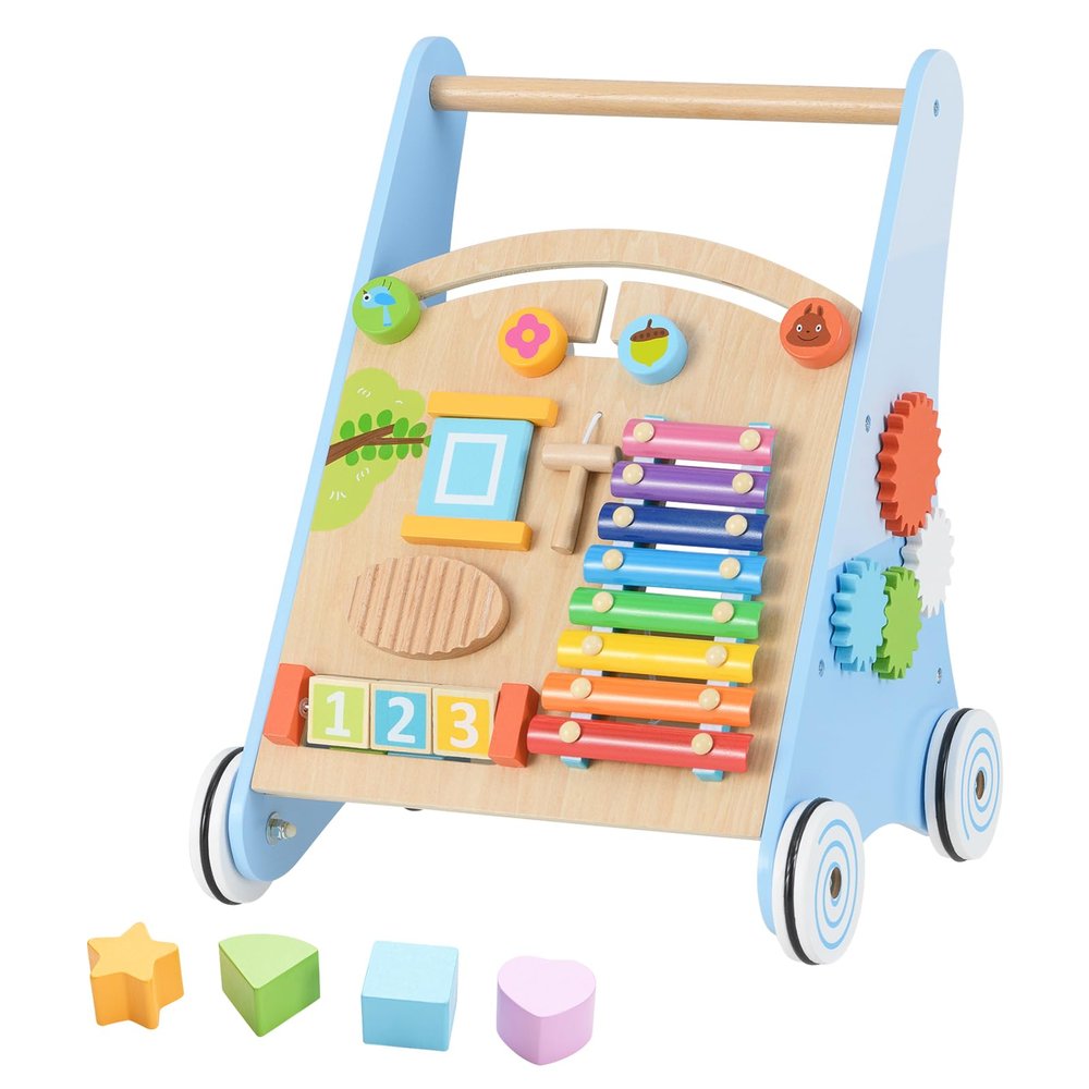 INFANS Wooden Baby Walker, Montessori Walker with Multiple Activity Toys, Storage, Push Walker Toys for Infant Learning to Walk, Sit to Stand Walker for Boys Girls