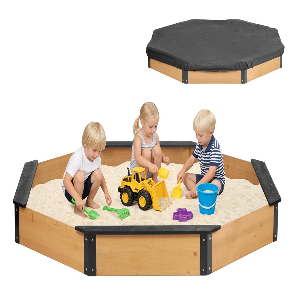 85''x78''x9'' Octagon Sandbox with Cover for Kids Outdoor Play, Wood Large Sandpit with 4 Benches, Quick Easy Install