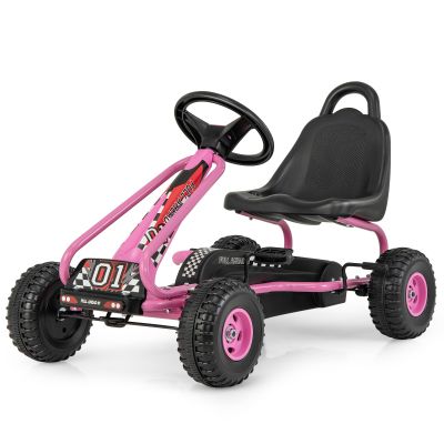 GLACER Kids Pedal Go Kart, Metal 4 Wheel Off-Road Pedal Go Cart with Steering Wheel, Adjustable Seat, Handbrake, Non-Slip Big Wheels, Outdoor Racer Ride On Pedal Car for Boys & Girls (Pink)