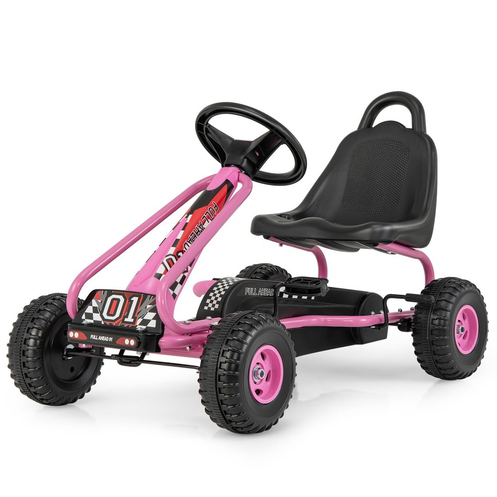 GLACER Kids Pedal Go Kart, Metal 4 Wheel Off-Road Pedal Go Cart with Steering Wheel, Adjustable Seat, Handbrake, Non-Slip Big Wheels, Outdoor Racer Ride On Pedal Car for Boys & Girls (Pink)