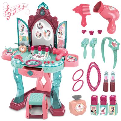 OLEOCA Toddler Vanity Table for Girls Princess Makeup Playset with Light & Sound Mirror, Magic Sensor, Stool & Accessories, Pretend Beauty Toy for Ages 3+