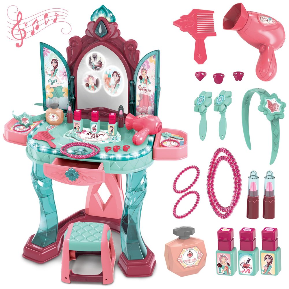 OLEOCA Toddler Vanity Table for Girls  Princess Makeup Playset with Light & Sound Mirror, Magic Sensor, Stool & Accessories, Pretend Beauty Toy for Ages 3+
