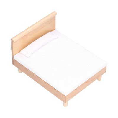 112 Miniature Oak Double Bed for Dollhouse Decoration with Mattress and Pillow