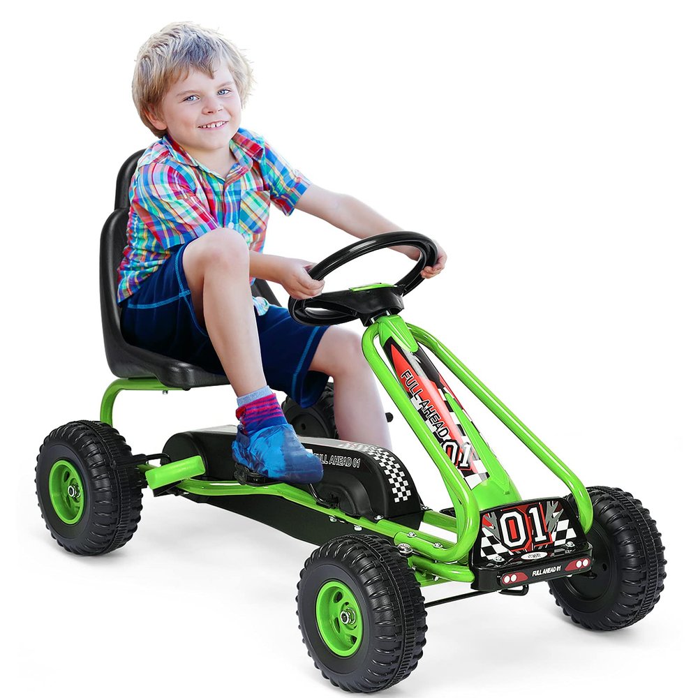 GLACER Kids Pedal Go Kart, Metal 4 Wheel Off-Road Pedal Go Cart with Steering Wheel, Adjustable Seat, Handbrake, Non-Slip Big Wheels, Outdoor Racer Ride On Pedal Car for Boys & Girls (Green)