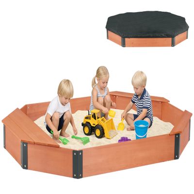 75.5''x53''x8.5'' Octagon Sandbox with Storage Box for Kids Outdoor Play, Wood Large Sandpit with Cover & 3 Benches, Quick Easy Install