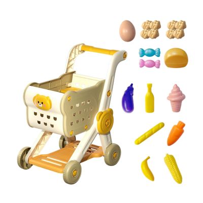EHJRE Toy Shopping Cart Shopping Trolley for Boys Girls 3 Years Old Interactive with Play Food Simulation, Beige