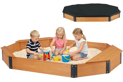 76''x53''x9'' Wooden Octagon Sandbox with Storage, Large Sandpit with Cover for Kids Outdoor Patio Backyard Play, Easy & Quick Assemble