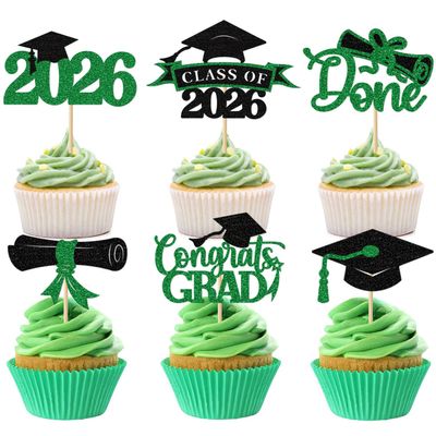 2026 Graduation Cupcake Toppers, 36 pack Green Glitter Class of 2026 Congrats Grad Diploma Grad Cap Cupcake Picks for 2026 Graduation Party decorating Supplies