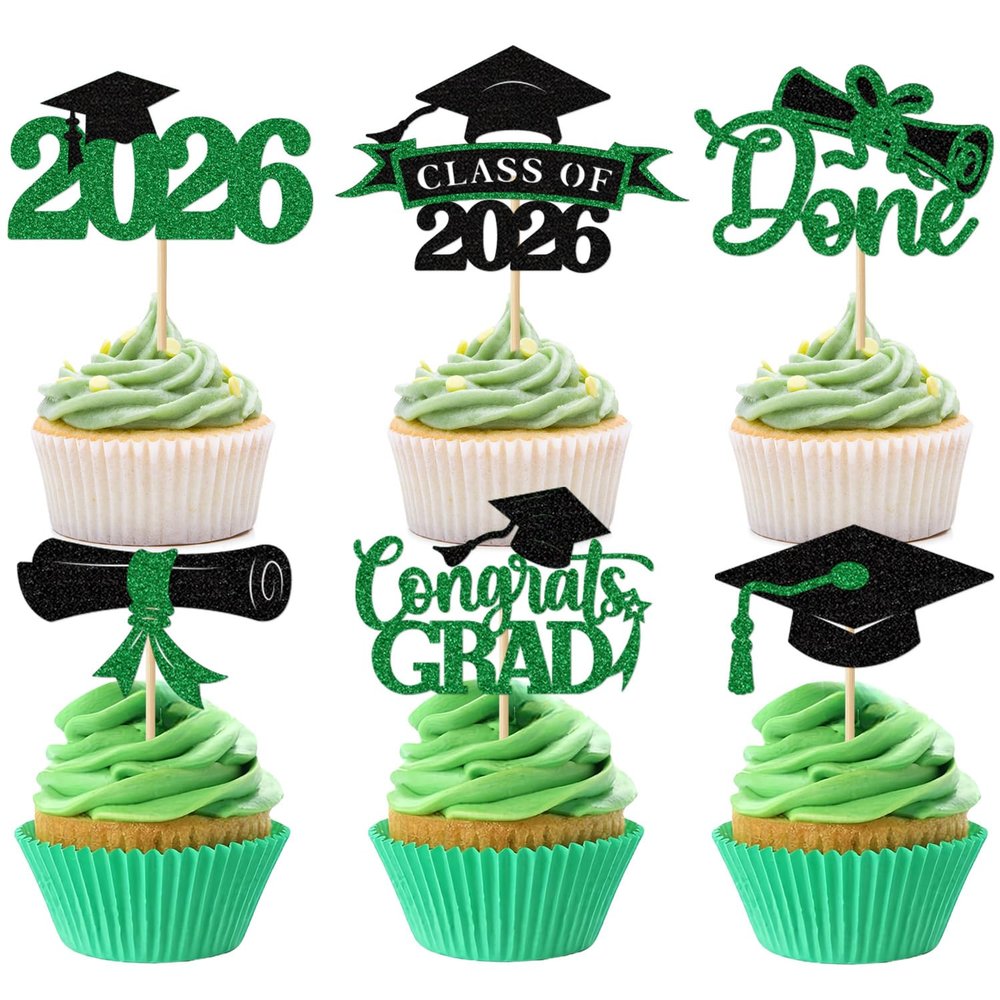 2026 Graduation Cupcake Toppers, 36 pack Green Glitter Class of 2026 Congrats Grad Diploma Grad Cap Cupcake Picks for 2026 Graduation Party decorating Supplies