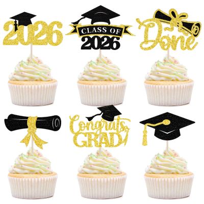 2026 Graduation Cupcake Toppers, 36 pack Gold Glitter Class of 2026 Congrats Grad Diploma Graduation Cap Cupcake Picks for 2026 Graduation Party decorating Supplies