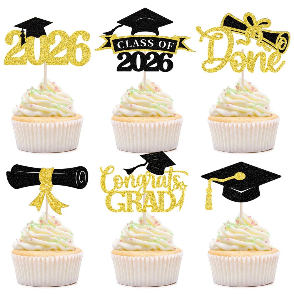 2026 Graduation Cupcake Toppers, 36 pack Gold Glitter Class of 2026 Congrats Grad Diploma Graduation Cap Cupcake Picks for 2026 Graduation Party decorating Supplies