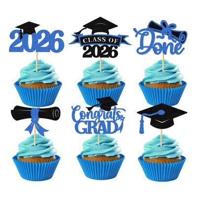 2026 Graduation Cupcake Toppers, 36 pack Blue Glitter Class of 2026 Congrats Grad Diploma Grad Cap Cupcake Picks for 2026 Graduation Party decorating Supplies