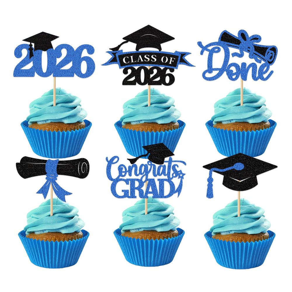 2026 Graduation Cupcake Toppers, 36 pack Blue Glitter Class of 2026 Congrats Grad Diploma Grad Cap Cupcake Picks for 2026 Graduation Party decorating Supplies