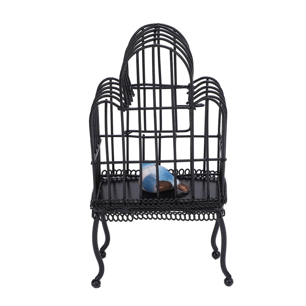 1:12 Scale Dollhouse Bird Cage Metal Miniature Bird Cage Realistic Opening Door Miniature Dollhouse Bird Cage with Fake Grass Bird Sticker, Dollhouse Birdcage, Miniature Bird