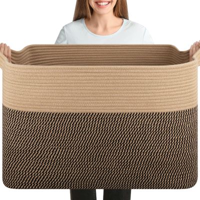 OIASKET XXXL Supre Large Blanket Basket for Clothes, Towels, Pillows, 108L Cotton Rope Storage Basket for Living Room, Supre Large Woven Toy Storage for Kids, 25" x 16" x 16", Brown and Black