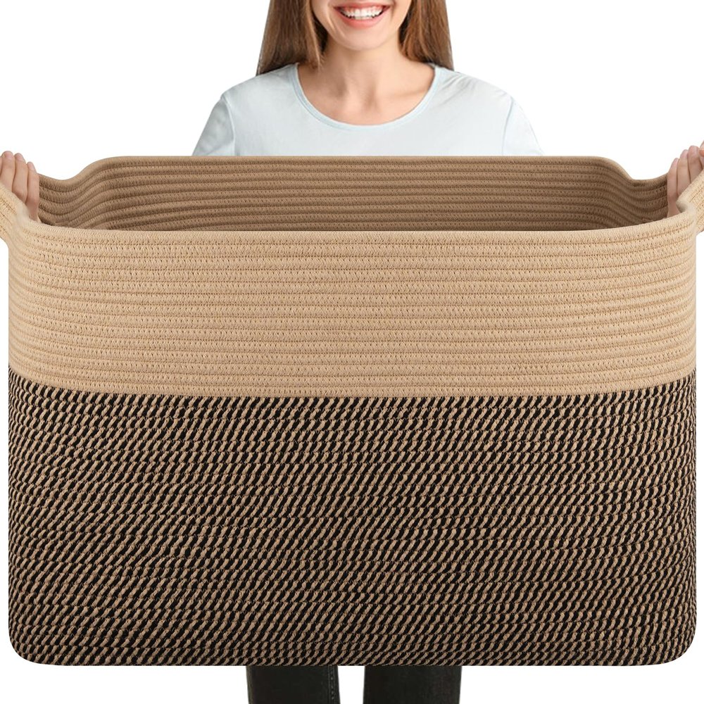 OIASKET XXXL Supre Large Blanket Basket for Clothes, Towels, Pillows, 108L Cotton Rope Storage Basket for Living Room, Supre Large Woven Toy Storage for Kids, 25" x 16" x 16", Brown and Black