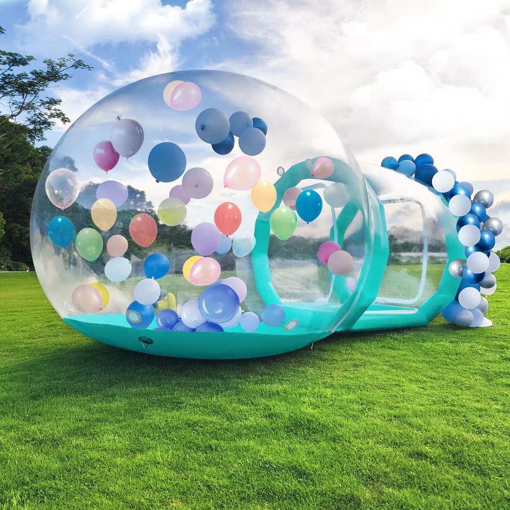 10FT-Single Layer Inflatable Bubble House Dome for Kids Clear PVC Balloon House with Tunnel 750W Air Blower and 600W Air Pump Perfect for Parties Yard Decoration and Outdoor Fun