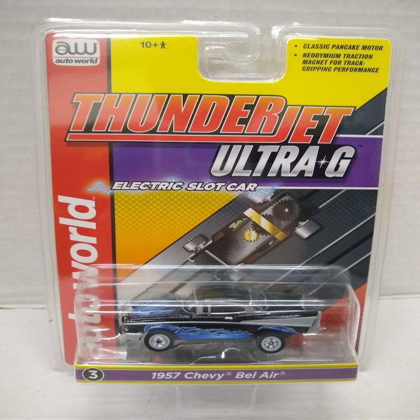 Auto World SC411-3A 1957 Bel Air HO Scale Electric Slot Car - Black with Flames
