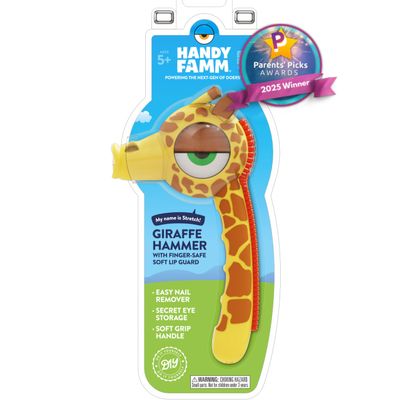 Handy Famm Real Metal Yellow Giraffe Hammer for Kids, Patented Safety Mouth Sleeve and Nail Remover, STEM DIY Tool for Children Ages 5 and Up